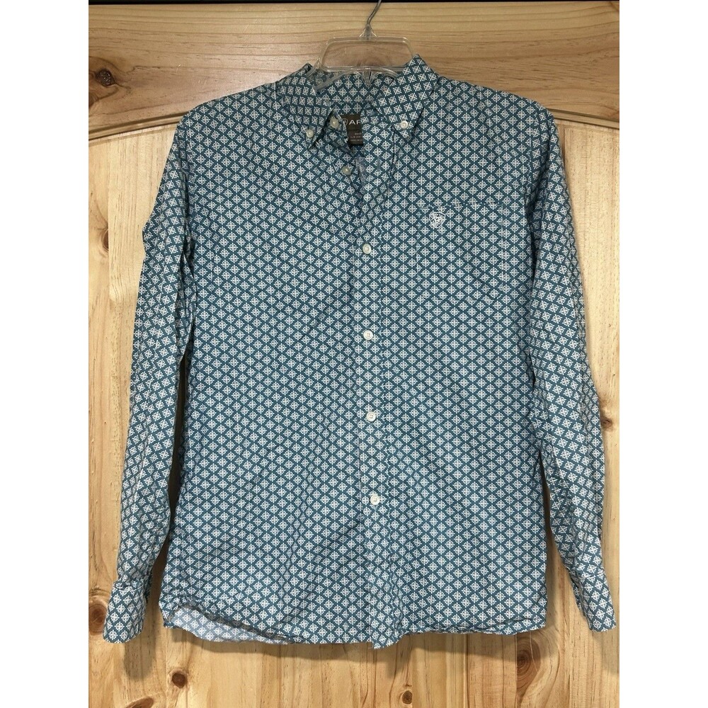 Ariat Boys Long Sleeve Button Down Shirt Teal Blue Patterned Size Large 14-16